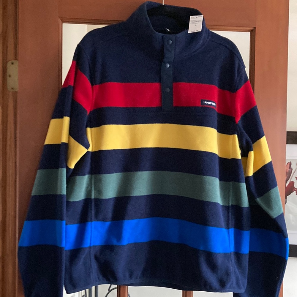 Lands End rugby stripe fleece pullover